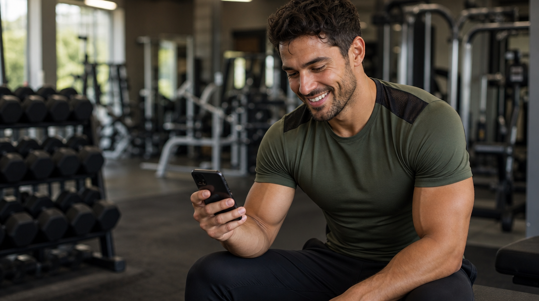 Aluno sorrindo na academia visualizando a série de treino no smartphone